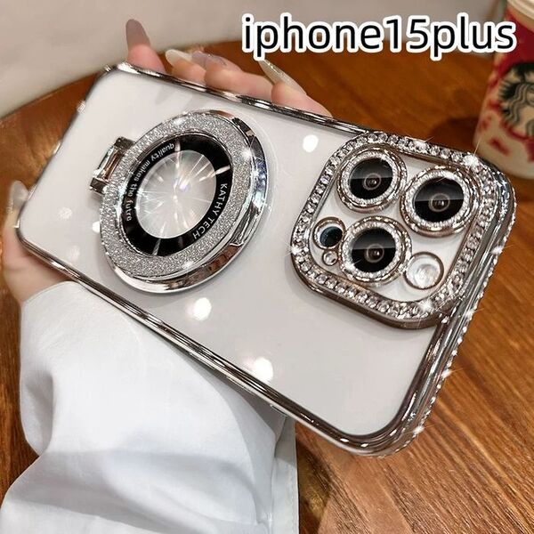 iphone15plusケース スタンド付き 透明 軽量耐衝撃 シルバー