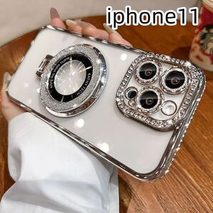 iphone11ケース カーバー スタンド付き 透明 お洒落軽量耐衝撃 シルバー