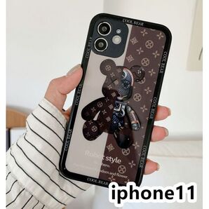 iphone11ケース 可愛い 熊 ガラス ブラウン1