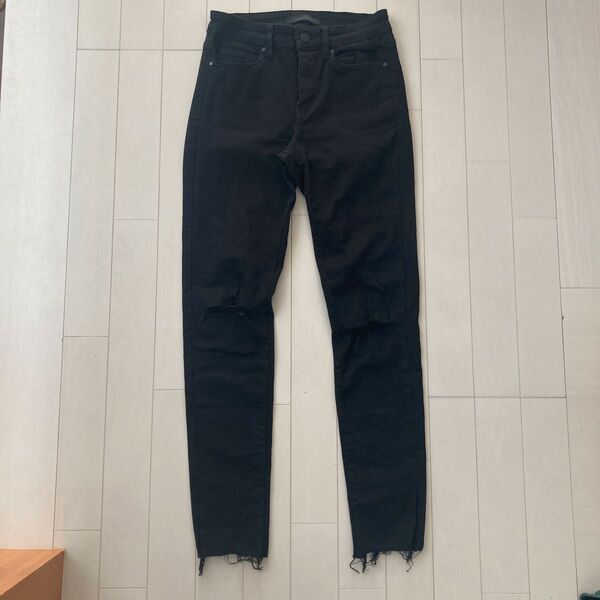ユニクロ ダメージ ハイウェストブラック ストレッチ スキニーパンツ UNIQLO 黒 ジーンズ パンツ 24(61)