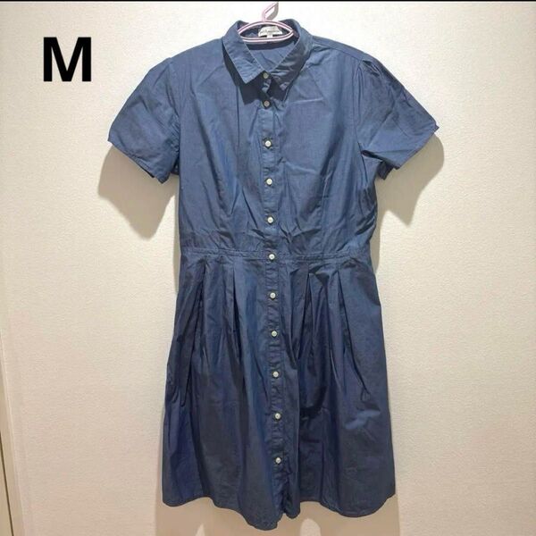 earth music&ecology 半袖ワンピース M ブルー デニム風生地 シャツワンピース