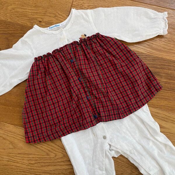 【現行品】ファミリア familiar ロンパース カバーオール チェック 赤 70 ベビー服