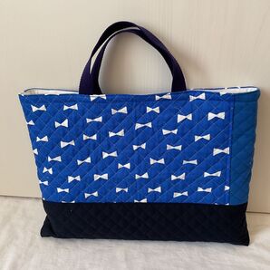 入園入学 ハンドメイド 女の子 レッスンバッグ キルティング リボン 青