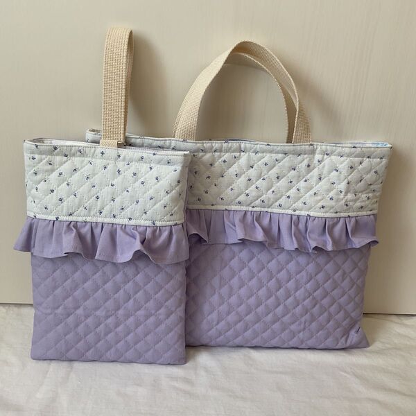 入園入学2点セット ハンドメイド 女の子 レッスンバッグ 上履き入れ 花柄 ラベンダーパープル キルティング
