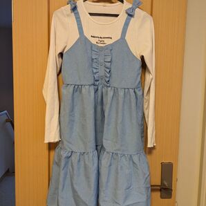 ブルー 青 リボン かわいい 重ね着風 ワンピース 160