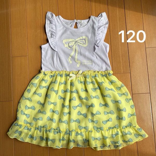 ノースリーブワンピース 120 夏服 フリル 裏地付き シフォンスカート リボン柄 女の子