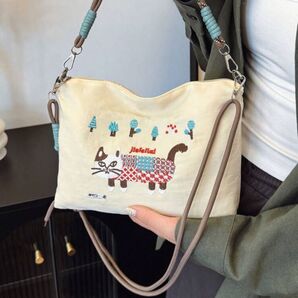 刺繍2ウェイショルダーバッグ 猫柄 ホワイト