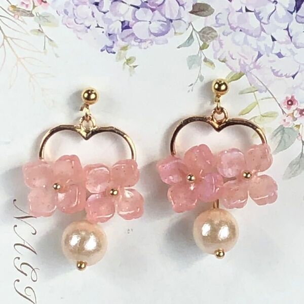 紫陽花 パールビーズ ハートピアス(※イヤリング変更可) No.304