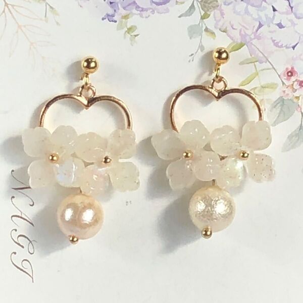 紫陽花 パールビーズ ハートピアス(※イヤリング変更可)
