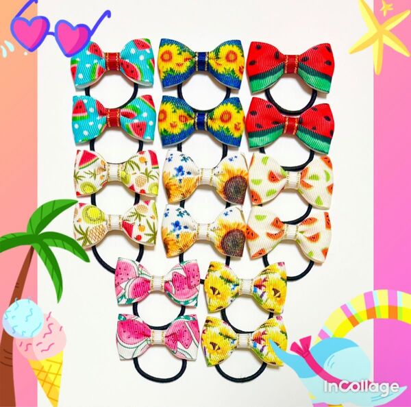 【夏リボンヘアゴム04】ひまわり柄 スイカ柄 ハンドメイド キッズ ヘアーアクセサリー 子供用