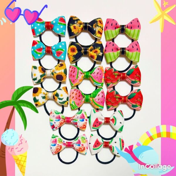 【夏リボンヘアゴム05】ひまわり柄 スイカ柄 ハンドメイド キッズ ヘアーアクセサリー 子供用