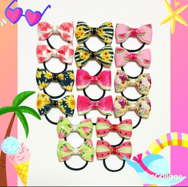 【夏リボンヘアゴム01】ひまわり柄 スイカ柄 ハンドメイド キッズ ヘアーアクセサリー 子供用
