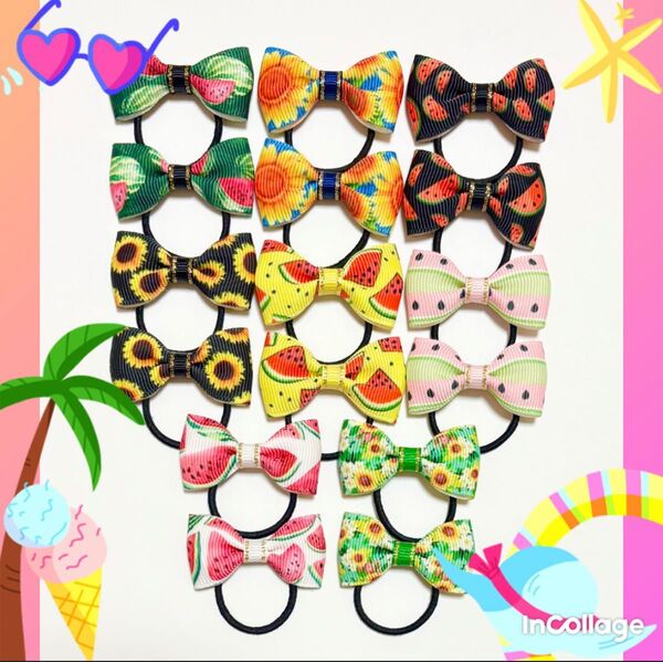 【夏リボンヘアゴム02】ひまわり柄 スイカ柄 ハンドメイド キッズ ヘアーアクセサリー 子供用