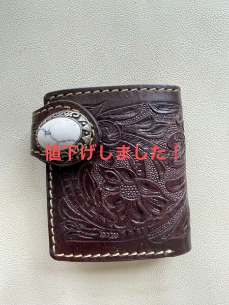 二つ折りレザークラフト ハンドメイド財布 ブラウン