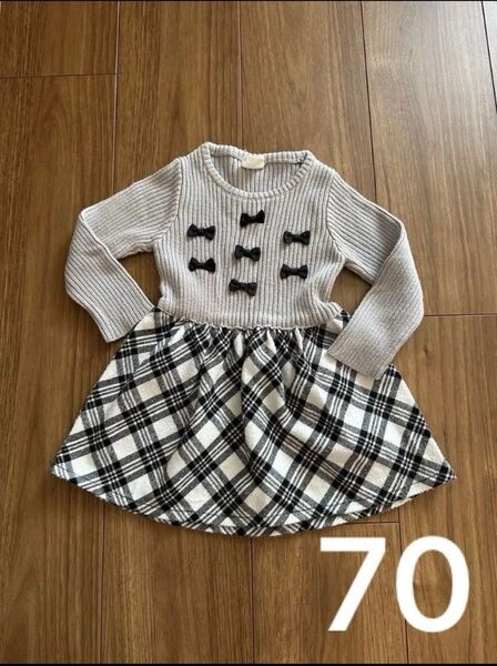女の子 ベビー服 ワンピース 70cm グレー チェック柄 子供服 リボン