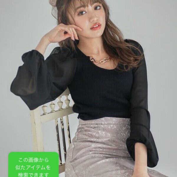 (( 極美品 ))パフスリーブ・シアー袖・シースルー・リブニットトップス