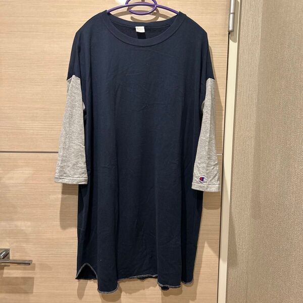 Champion 長袖カットソーワンピース Sサイズ ネイビー・グレー