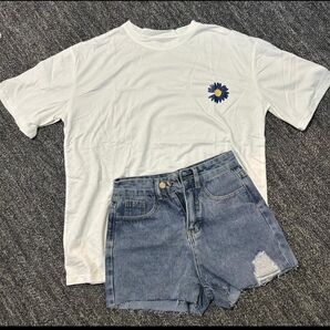 ★夏本番★Tシャツ 短パンセット 白 XS デニム 半袖 デイジー