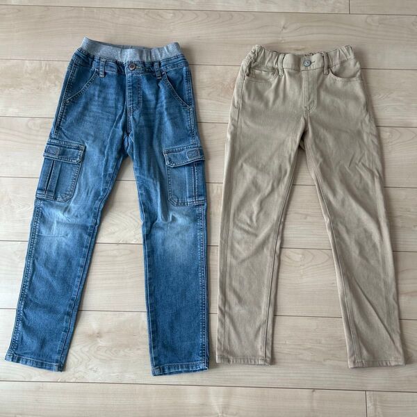ロングパンツ 2本セット 130 ジーンズ ベージュ UNIQLO 長ズボン デニムパンツ