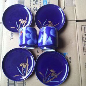 深川製磁、湯飲み2個、皿4客藍色 金彩 菖蒲、キッチン、陶器、工芸品
