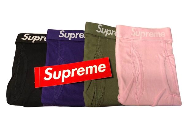【4色セット ステッカー付き】Supreme×Hanes Wネームボクサーパンツ サイズS ブラック/パープル/ピンク/カーキ