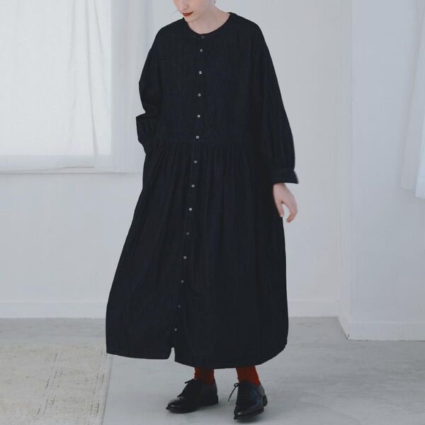 新品 nest robe コットンリネンダンガリーギャザーワンピース インディゴ