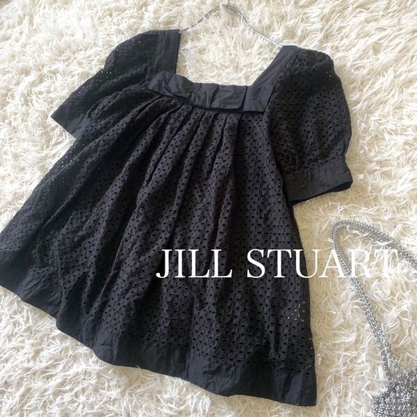 JILL STUART ジルスチュアート カットレースリボンブラウス 黒 半袖