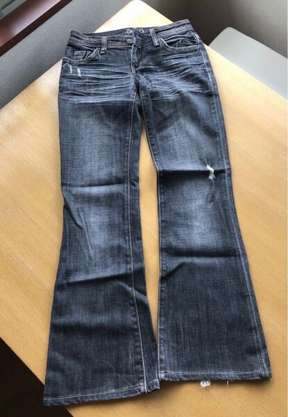 美品 575デニム 575DENIM レディース フレア ブーツカット ジーンズ ジーパン ダメージ加工 ブラック サイズ24