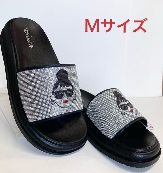 Mサイズ ハッピーフェイス新品 シャワーサンダル HAPPY FACEレディエマ サンダル 少し 厚底 ラメ ブラック ベナッシ黒