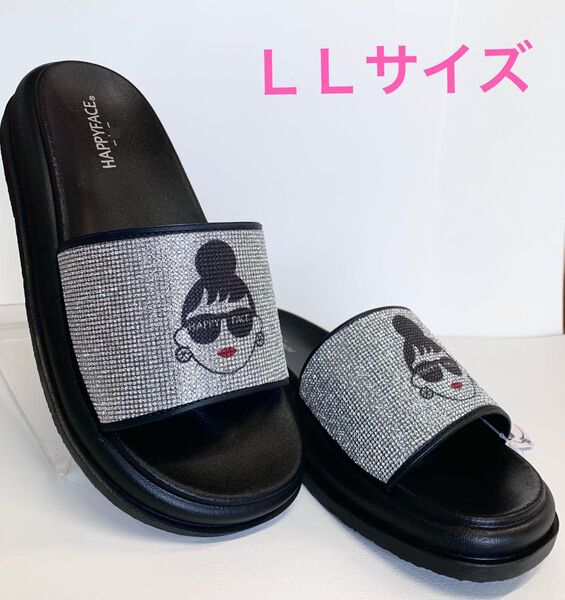 LLサイズ ハッピーフェイス シャワーサンダル HAPPY FACEエマ サンダル 少し厚底 ラメ ブラック 黒L~LL 24.5
