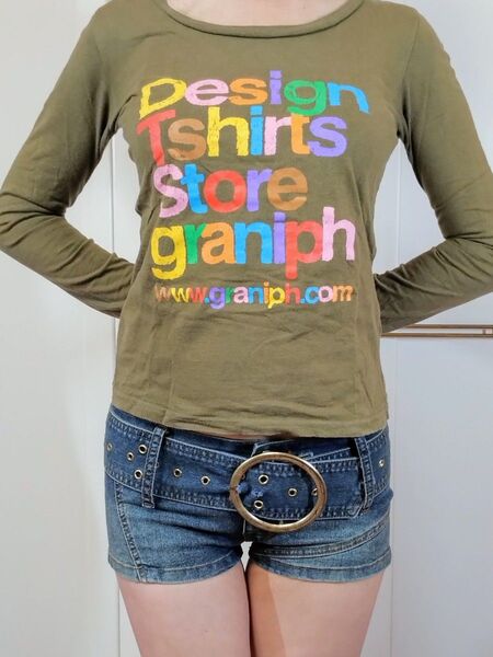 graniph ロングTシャツ ロゴ カラフル カーキ size=ss Y2K
