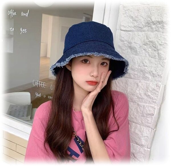 新品☆デニムハット バケハ UV対策 キャップ 帽子 アウトドア ネイビー