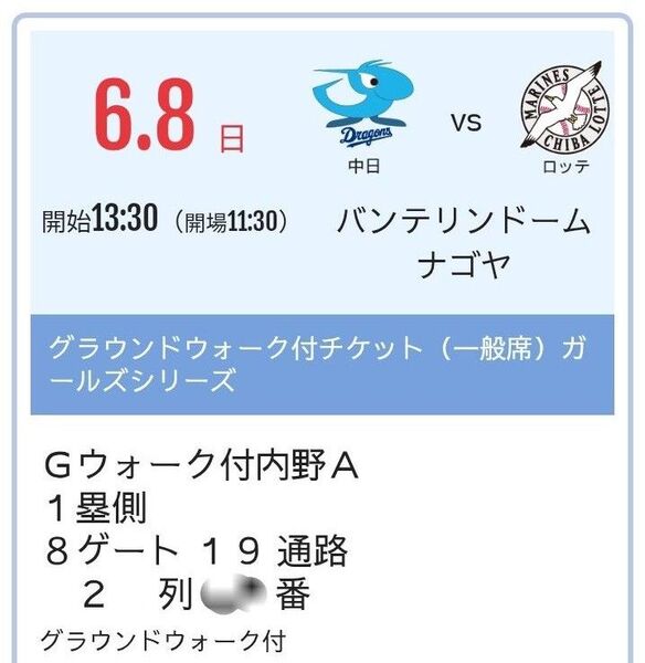 6/8 6月8日 グランドウォーク付 内野A 1塁側 25列から30列 330番から340番 通路側を含む2連番のペアチケット
