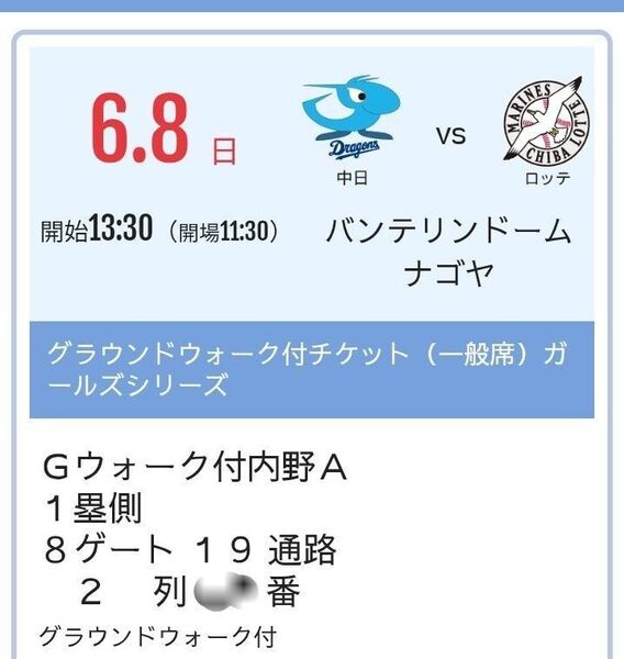 6/8 6月8日 グランドウォーク付 内野A 1塁側 25列から30列 330番から340番 通路側を含む2連番のペアチケット