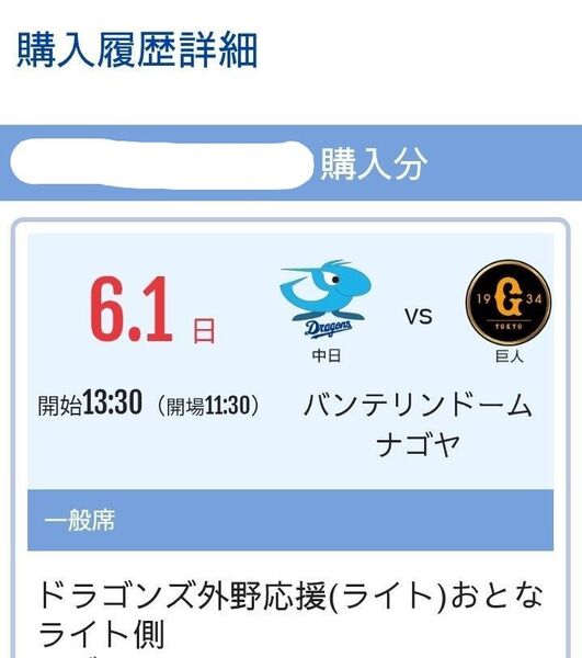 6/1 6月1日(日) ドラゴンズ外野応援席 45列か46列 520番から540番 通路側を含む2連番ペアチケット 中日対巨人
