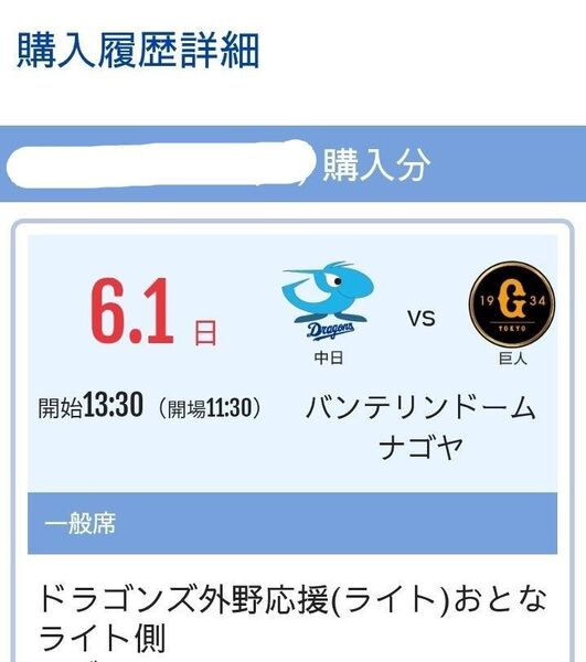 6/1 6月1日(日) ドラゴンズ外野応援席 45列か46列 520番から540番 通路側を含む2連番ペアチケット 中日対巨人