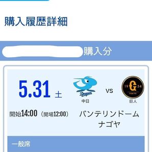 5/31 5月31日 ドラゴンズ外野応援席 33列 450番から460番 端側席を含む2連番ペアチケット 中日対巨人