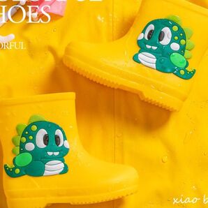 子供用 恐竜 レインブーツ 黄色 イエロー ダイナソー 雨の日 長靴 ショート 17センチ