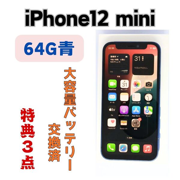 iPhone12 mini 64GB 青 本体 大容量バッテリー交換済 特典3点