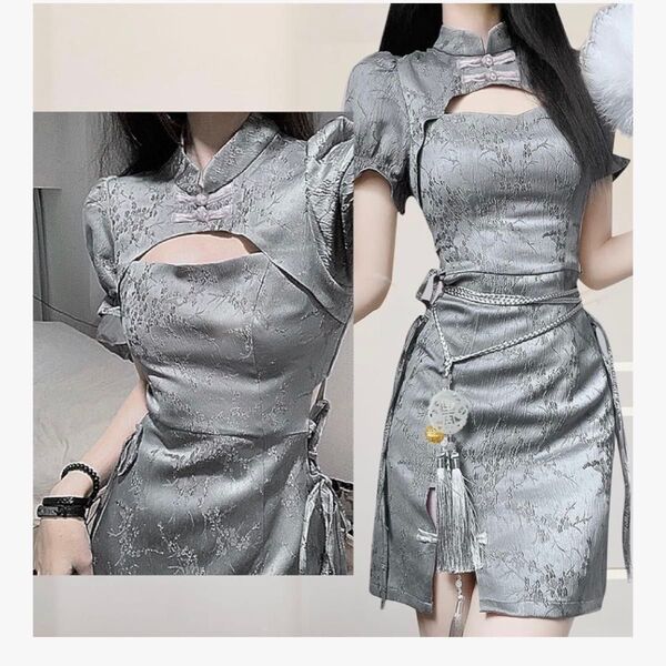 チャイナドレス コスプレセクシー コスプレ ロリータ服 ワンピース グレー ナイトドレス タイト Mサイズ