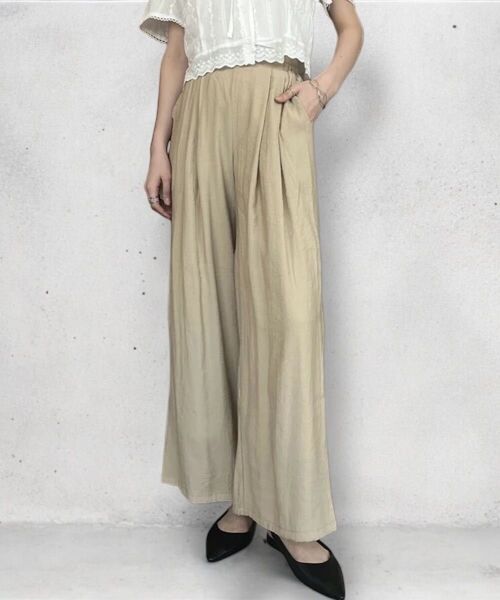 新品【セットアップ可】シアーイージーパンツ/ベージュ セミシアー 軽い 涼しい 夏 着回し 裏地付き ウエストゴム リネン風
