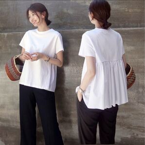 132 Tシャツ バックプリーツ 半袖 トップス ホワイト ゆったりサイズ