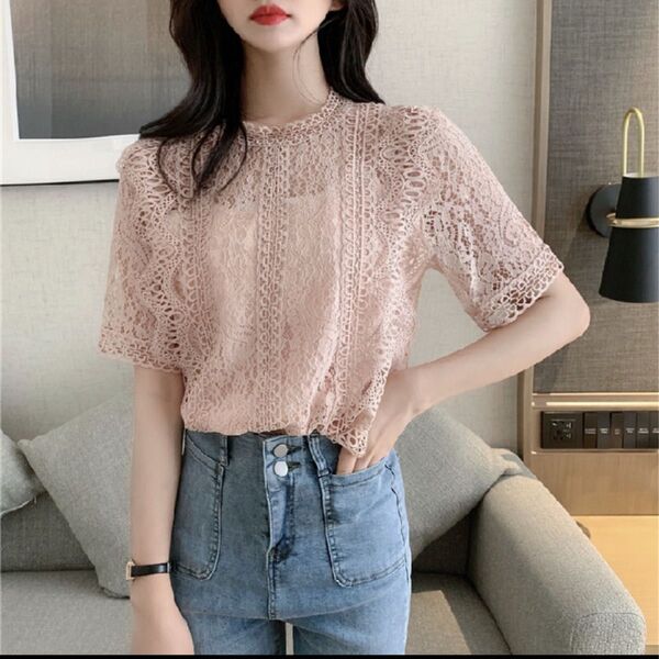157 淡いピンク レース 半袖 トップス ブラウス Tシャツ XL