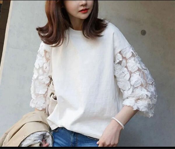1413 七分袖 袖花柄レース Tシャツ トップス ブラウス XL