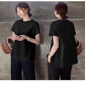 131. Tシャツ バックプリーツ トップス 半袖 ブラック ゆったりサイズ