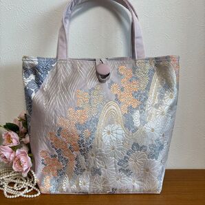 No.90 帯リメイクトートバック 薄紫菊華