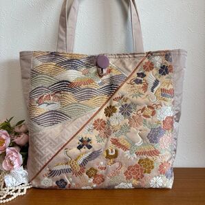 No.16 帯リメイクトートバック 能衣唐錦 波間にオシドリ 菊華に鶴