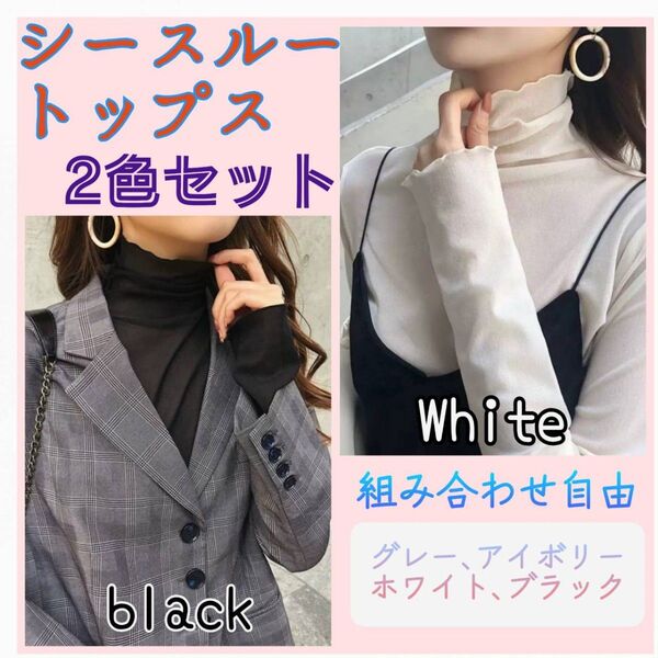 2色セット 透け感 タートル 韓国 ハイネック シースルー 人気 シアー 春 メッシュ トップス 着回し メロウ カットソー