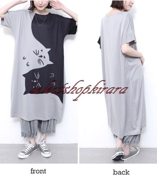 2025新作★サラッとTシャツ生地☆コミカル猫プリントワンピース★F