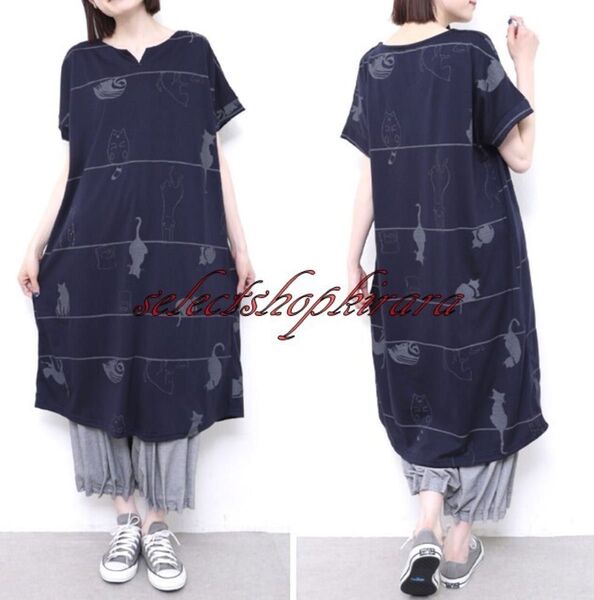 2025新作☆配色ネコプリント☆小VネックTシャツ生地ワンピース☆Fネイビー